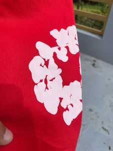 tear denim Red Hoodie with rubber puff