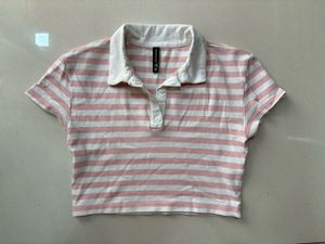 Pink Striped Polo Crop Top