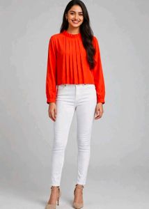 Vibrant Red Pleated Neck Top