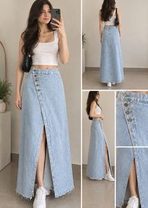 Light Wash Denim Maxi Skirt with Slit