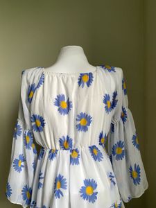 Korean Daisy Print Tiered Midi Dress