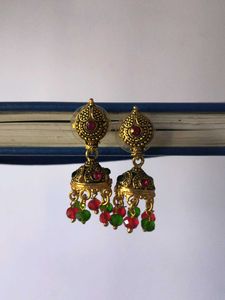 Rustic Gold Jhumka With Red and Green Beads