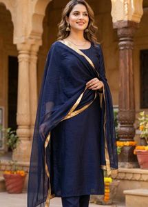 Navy Blue Dupatta with Golden Border