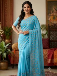Elegant Blue Embroidered Saree