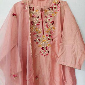 Pink Embroidered Floral Neckline Kurta Set