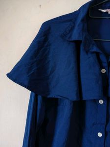 Navy Blue Ruffle Sleeve Button-Up Shirt