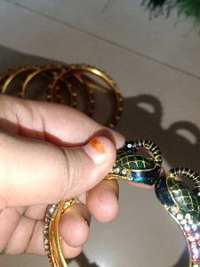 Red &amp; Gold Bangle Set with Peacock Kada