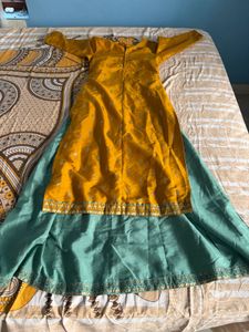Elegant Yellow Kurta with Teal Skirt Set