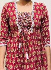 Red Printed Kurta Set with Lace Trim