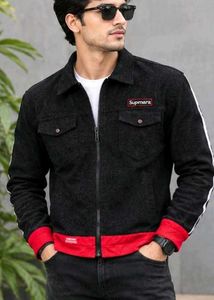 Men’s Black Denim Jacket with Red Accents
