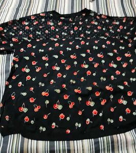 Cute Cherry Print Black Top