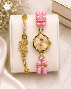 Elegant Gold Pearl Watch &amp; Bracelet Set