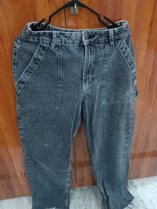 Washed Black Denim Cargo Pants
