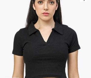 Black Ribbed Polo Crop Top