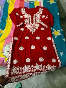Red Kurta with White Embroidery