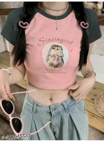 Cute Cat Print Raglan Sleeve Top