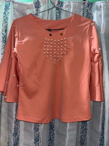 Peach Bell Sleeve Top with Pearl Embellishments