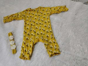 Cute Baby Girl Yellow Floral Romper &amp; Headband Set