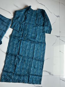 Teal Kurta Set with White Print