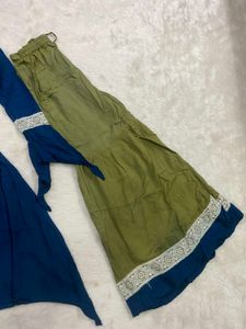 Blue Asymmetric Kurti &amp; Olive Green Sharara