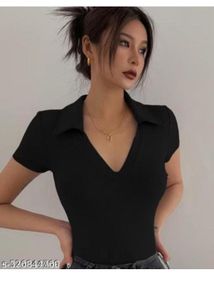 Stylish Black V-Neck Ribbed Top