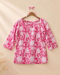 Pink Floral Print Short Kurta