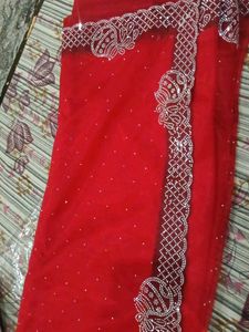 Stunning Red Embellished Net Saree with ready made