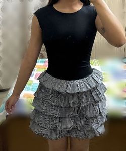 Chic Black Top with Gingham Ruffled Skirt Dress