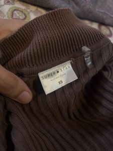 Brown Ribbed Zip-Up Cardigan