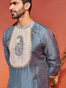 Men's Gray Silk Blend Kurta