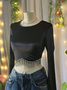 Black Velvet Crop Top with Rhinestone Fringe