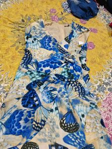 Blue Butterfly Print V-Neck Dress