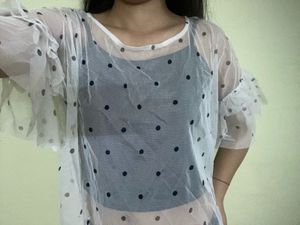 Sheer Polka Dot Top with Ruffle Sleeves