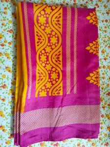 Yellow,Pink Border Crepe Saree ,