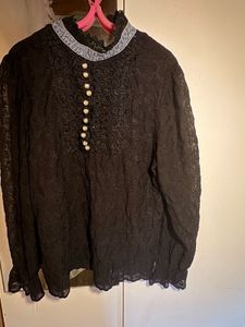 Elegant Black Lace Blouse with Pearl Details