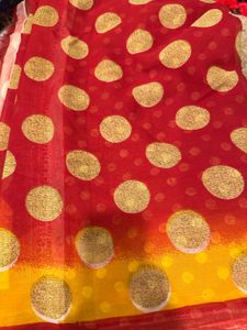 Charming Red &amp; Yellow Polka Dot Saree
