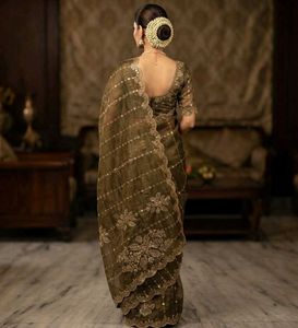Elegant Olive Green Embroidered Saree