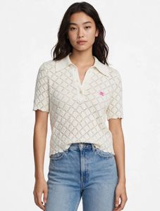 Cream Textured Polo Knit Top