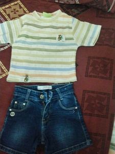 Striped T-shirt &amp; Denim Shorts Set