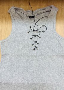 Grey Lace-Up Ribbed Tank Top