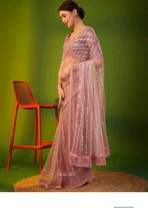 Elegant Party Wear Pink Net Sequence Saree