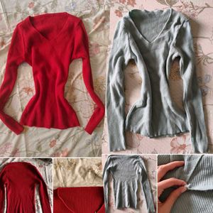 2 Ribbed V-Neck Long Sleeve Tops [BLUE+RED]