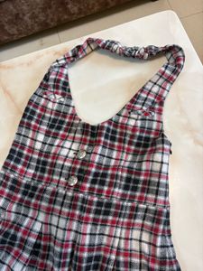 Plaid Halter Dress with Lace Trim