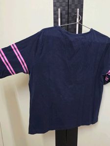 Navy Blue T-Shirt with Pink Stripes &amp; Floral Desig