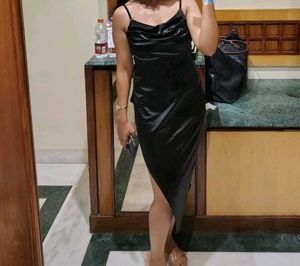 Elegant Black Satin Cowl Neck Dress