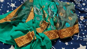 Emerald blue with grey Embroidered Saree stit