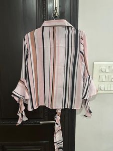 last price Stripe Top With Collar Neck