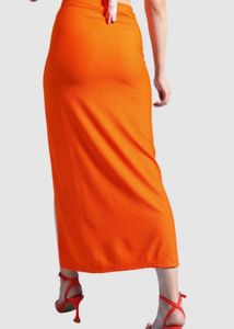High Slit Ribbed Maxi Skirt - Vibrant Orange