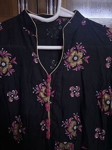 Black Long Floral Print Kurta with bell sleeves
