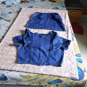 Denim Ruffled Top &amp; Skirt Set